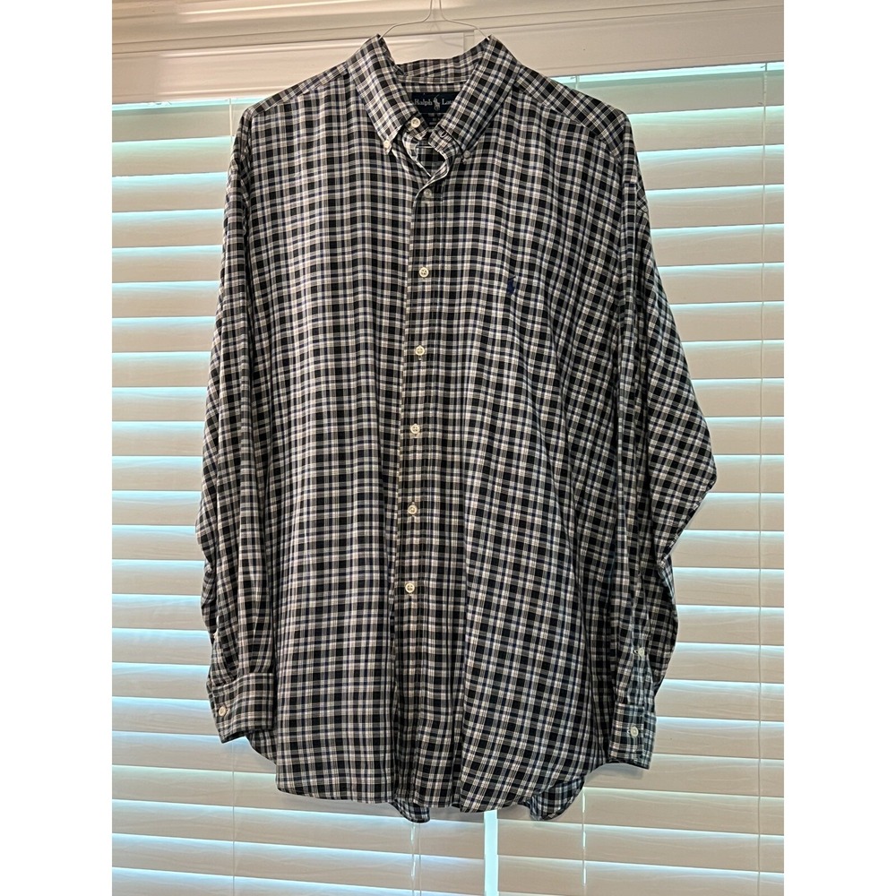 Ralph Lauren Mens Size XL Blake Gray Blue Plaid Button Down Collar Cotton Shirt